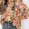 Multicolour Abstract Print 3/4 Puff Sleeve Ruffle Blouse