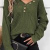 Pickle Green Pointelle Knit Button V Neck Drop Shoulder Sweater