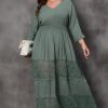 Mist Green Plus Size 3/4 Sleeve Smocked Lace Decor Maxi Dress