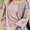 Pink Leopard Print Patch Textured Long Sleeve Top