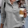 Gray Ribbed Hem Snap Button Neckline Sweatshirt With Pocket