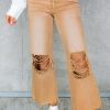 Stylish And Slimming Wide Leg Cropped Flare Jeans In Brown Distressed Design