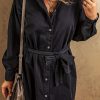 Black Button-Up Belted Denim Shirt Dress