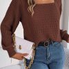 Coffee Cable Knit Mixed Textured Square Neck Sweater