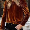 Chestnut Frilled Collar Puff Sleeve Velvet Top