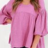 Pink Crinkle Bubble Sleeve Raw Hem Babydoll Blouse