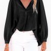 Black Split V-Neck Balloon Sleeve Ruched Denim Top