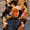 Black Floral Print Mock Neck Blouse