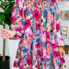 Multicolour Floral Tie Neck Bubble Sleeve Shift Dress