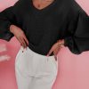 Black Waffle Knit Balloon Sleeve Splicing V Neck Top