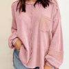 Pink Exposed Seam Patchwork Bubble Sleeve Waffle Knit Top