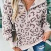 Gray Animal Print Zipped Collared Sweater