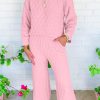 Pink Solid Quilted Pullover And Pants Outfit