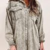 Sage Green Acid Wash Flap Pocket Raw Hem Tunic Denim Jacket