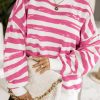 Bright Pink Oversized Striped Bishop Sleeve Pullover Sweatshirt