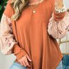 Gold Flame Floral Patchwork Puff Sleeve Filled Neck Blouse