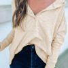 Apricot Half Buttoned Ribbed Trim Loose Fit Pullover Hoodie