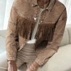 Stylish Brown Denim Jacket With Metal Snap Buttons And Fringe Details