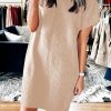 Oatmeal Patch Pocket Ribbed Knit Short Sleeve Sweater Dress