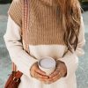 Parchment Cable Knit Color Block Side Splits High Neck Sweater