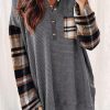 Dark Grey Loose Plaid Patchwork Textured Knit Henley Top