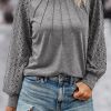 Gray Contrast Lace Raglan Sleeve Plicated Knit Top