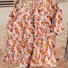 Orange Printed Split Neck Floral Pocketed Shift Dress