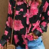 Black Floral Print Pleated Detail Puff Sleeve Shirt