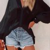 Black Shirred Cuffs Bubble Sleeve Oversized Shirt