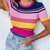 Pink Mixed Stripes Ribbed Knit Top