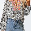 Black Leopard Floral Patchwork V Neck Ruffled Blouse