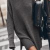 Dark Grey Solid Color Cable Knit Crew Neck Tunic Sweater