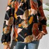 Black Floral Print Cold Shoulder Lantern Sleeve Blouse