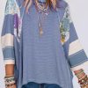 Sky Blue Printed Pinstriped Color Block Patchwork Oversized Top