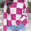 Bright Pink Checkered Round Neck Baggy Sweater