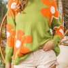 Spinach Green Ribbed Trim Boho Floral Pattern Sweater