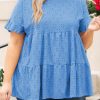 Blue Plus Size Eyelet Pattern Ruffle Sleeve Babydoll Top