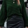 Blackish Green Mock Neck Lantern Sleeve Cable Knit Sweater