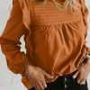 Camel Solid Color Stand Neck Ruffled Puff Sleeve Blouse