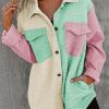 Green Color Block Patchwork Flap Pocket Quilted Shacket