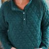 Blackish Green Plus Size Quarter Buttoned Pocketed Quilted Sweatshirt