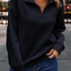 Navy Blue Zip Up Cable Textured Sweatshirt