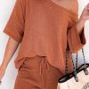 Gold Flame Loose Top And Drawstring Shorts Knit Set