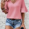 Peach Blossom Ruffled Half Sleeve V Neck Textured Top