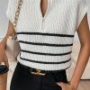 Stylish And Elegant White Striped Half Zip Sweater T-shirt For Women