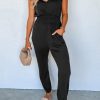 Black Shirred High Waist Sleeveless V Neck Jumpsuit