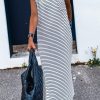 Chic Contemporary Style: Women's Sleeveless Long Dress In Black Stripes