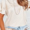 Apricot Striped Lace Splicing Ruffle Sleeve T-shirt