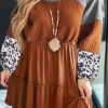 Gold Flame Plus Size Waffle Leopard Long Sleeve Ruffle Mini Dress