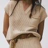 Apricot Chest Pocket V Neck Ribbed Cap Sleeve Sweater